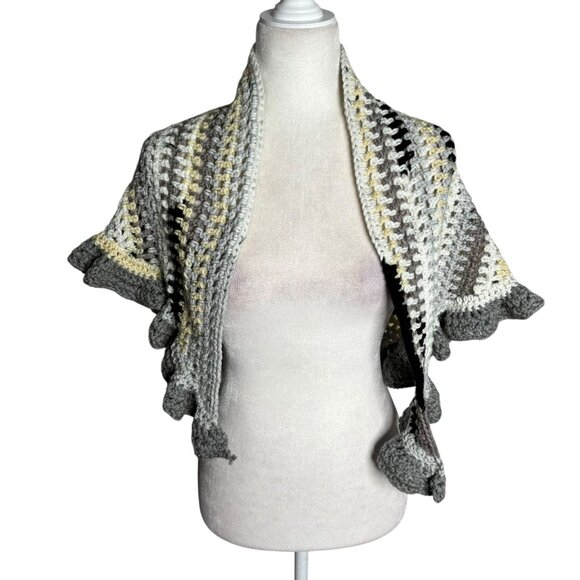 Handmade Black Grey White Crochet Knit Shawl Wrap With Ruffled Edges Soft NEW - Picture 2 of 4